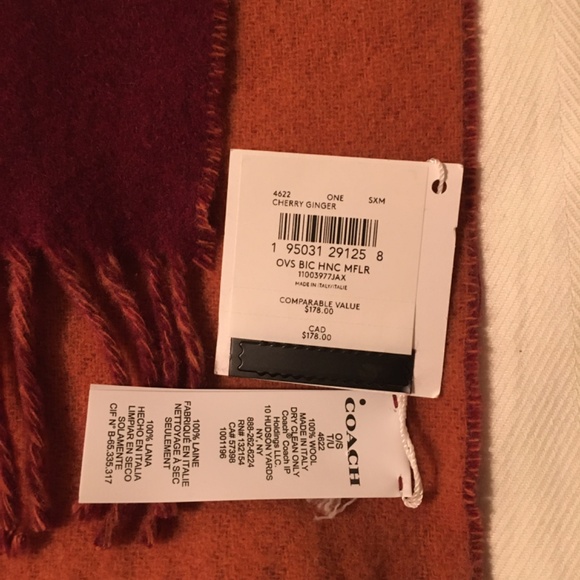 Double faced wool Coach logo scarf - maroon & orange - 'cherry/ginger' - Picture 7 of 9